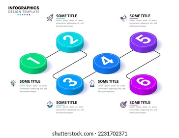 Plantilla de infografía con iconos y 6 opciones o pasos. Línea isométrica. Se puede utilizar para diseño de flujo de trabajo, diagrama, banner, diseño web. Ilustración del vector