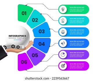 Plantilla de infografía con iconos y 6 opciones o pasos. Se puede utilizar para diseño de flujo de trabajo, diagrama, banner, diseño web. Ilustración del vector