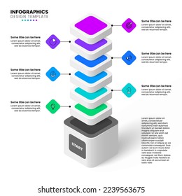 Infographic template with icons and 6 options or steps. Isometric tower. Can be used for workflow layout, diagram, banner, webdesign. Vector illustration