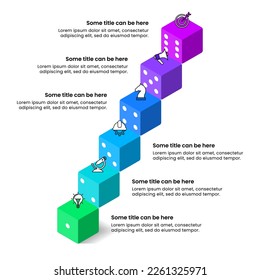 Infographic template with icons and 6 options or steps. Dice. Can be used for workflow layout, diagram, banner, webdesign. Vector illustration