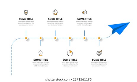 Infographic template with icons and 6 options or steps. Paper plane. Can be used for workflow layout, diagram, banner, webdesign. Vector illustration