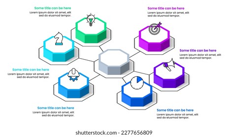 Infographic template with icons and 6 options or steps. Isometric octagons. Can be used for workflow layout, diagram, banner, webdesign. Vector illustration