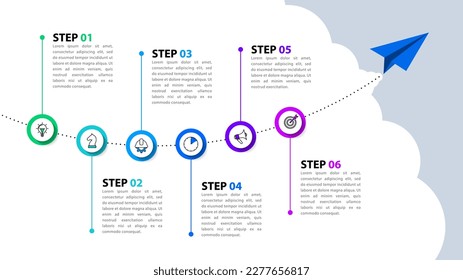 Plantilla de infografía con iconos y 6 opciones o pasos. Plano de papel. Se puede utilizar para diseño de flujo de trabajo, diagrama, banner, diseño web. Ilustración del vector