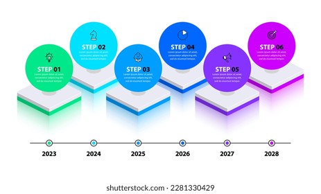 Plantilla de infografía con iconos y 6 opciones o pasos. Línea de tiempo. Se puede utilizar para diseño de flujo de trabajo, diagrama, banner, diseño web. Ilustración del vector