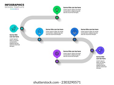 Plantilla de infografía con iconos y 6 opciones o pasos. Línea de tiempo. Se puede utilizar para diseño de flujo de trabajo, diagrama, diseño web. Ilustración del vector