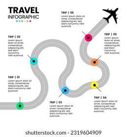 Infographic template with icons and 6 options or steps. Travel concept. Can be used for workflow layout, diagram, banner, webdesign. Vector illustration