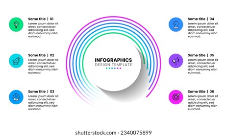 Infografische Vorlage mit Symbolen und 6 Optionen oder Schritten. Abstrakter Kreis. Kann für Workflow-Layout, Diagramm, Banner, Webdesign verwendet werden. Vektorgrafik