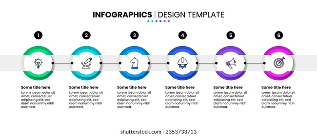 Infographic template with icons and 6 options or steps. Horizontal line. Can be used for workflow layout, diagram, banner, webdesign. Vector illustration