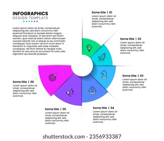 Infographic template with icons and 6 options or steps. Pie chart. Can be used for workflow layout, diagram, banner, webdesign. Vector illustration