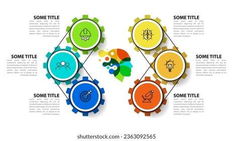 Infographic template with icons and 6 options or steps. Gears. Can be used for workflow layout, diagram, banner, webdesign. Vector illustration