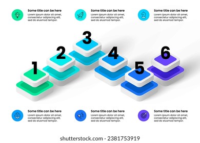 Infografische Vorlage mit Symbolen und 6 Optionen oder Schritten. Abstrakte Quadrate. Kann für Workflow-Layout, Diagramm, Banner, Webdesign verwendet werden. Vektorgrafik