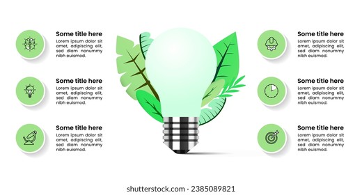 Plantilla de infografía con iconos y 6 opciones o pasos. Bombilla verde. Se puede utilizar para diseño de flujo de trabajo, diagrama, banner, diseño web. Ilustración del vector