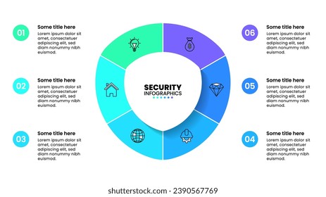 Infographic template with icons and 6 options or steps. Shield. Can be used for workflow layout, diagram, banner, webdesign. Vector illustration