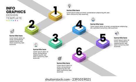 Plantilla de infografía con iconos y 6 opciones o pasos. Línea isométrica. Se puede utilizar para diseño de flujo de trabajo, diagrama, diseño web. Ilustración del vector