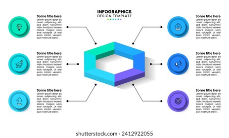 Infographic template with icons and 6 options or steps. Isometric hexagon. Can be used for workflow layout, diagram, banner, webdesign. Vector illustration