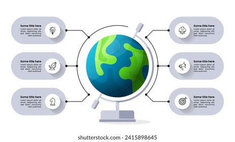 Infographic template with icons and 6 options or steps. Globe. Can be used for workflow layout, diagram, banner, webdesign. Vector illustration