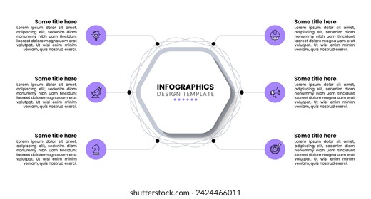 Infografik-Vorlage mit Symbolen und 6 Optionen oder Schritten. Abstraktes Sechseck. Kann für Workflow-Layout, Diagramm, Banner, Webdesign verwendet werden. Vektorgrafik