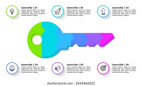 Infografik-Vorlage mit Symbolen und 6 Optionen oder Schritten. Schlüssel. Kann für Workflow-Layout, Diagramm, Banner, Webdesign verwendet werden. Vektorgrafik