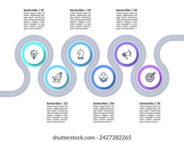 Infografik-Vorlage mit Symbolen und 6 Optionen oder Schritten. Zickzack-Straße. Kann für Workflow-Layout, Diagramm, Banner, Webdesign verwendet werden. Vektorgrafik