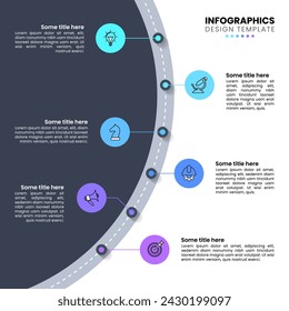 Infografik-Vorlage mit Symbolen und 6 Optionen oder Schritten. Straße. Kann für Workflow-Layout, Diagramm, Banner, Webdesign verwendet werden. Vektorgrafik