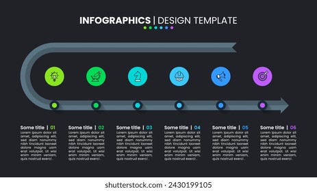 Infografik-Vorlage mit Symbolen und 6 Optionen oder Schritten. Dunkle Linie. Kann für Workflow-Layout, Diagramm, Banner, Webdesign verwendet werden. Vektorgrafik