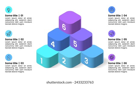 Plantilla infográfica con iconos y 6 opciones o pasos. Pirámide. Se puede utilizar para el diseño del flujo de trabajo, diagrama, banner, diseño web. Ilustración de vector