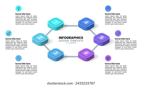 Infographic template with icons and 6 options or steps. Isometric squares. Can be used for workflow layout, diagram, webdesign. Vector illustration