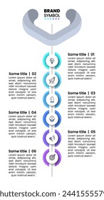 Infografik-Vorlage mit Symbolen und 6 Optionen oder Schritten. Vertikale Linie. Kann für Workflow-Layout, Diagramm, Banner, Webdesign verwendet werden. Vektorgrafik