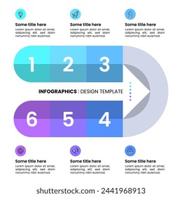 Infographic template with icons and 6 options or steps. Arrow. Can be used for workflow layout, diagram, banner, webdesign. Vector illustration