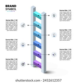 Plantilla infográfica con iconos y 6 opciones o pasos. escalera 3d. Se puede utilizar para el diseño del flujo de trabajo, diagrama, Anuncio, diseño web. Ilustración vectorial