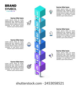 Infografische Vorlage mit Symbolen und 6 Optionen oder Schritten. Vertikale Treppe. Kann für Workflow-Layout, Diagramm, Banner, Webdesign verwendet werden. Vektorillustration