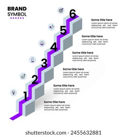 Infographic template with icons and 6 options or steps. Isometric staircase. Can be used for workflow layout, diagram, banner, webdesign. Vector illustration