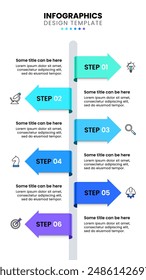 Infografische Vorlage mit Symbolen und 6 Optionen oder Schritten. Vertikale Leitung. Kann für Workflow-Layout, Diagramm, Banner, Webdesign verwendet werden. Vektorillustration