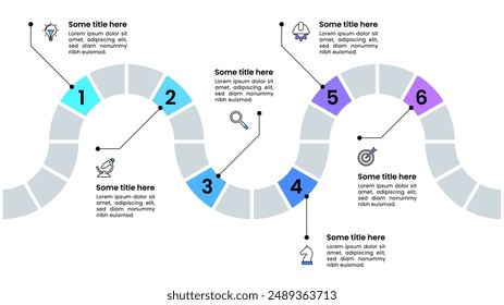 Infographic template with icons and 6 options or steps. Zigzag line. Can be used for workflow layout, diagram, banner, webdesign. Vector illustration