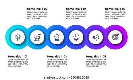 Infographic template with icons and 6 options or steps. Circles. Can be used for workflow layout, diagram, banner, webdesign. Vector illustration