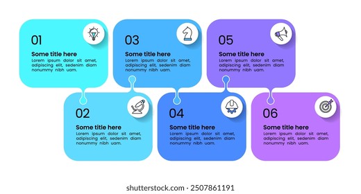 Plantilla de infografía con iconos y 6 opciones o pasos. Anuncios conectados. Se puede utilizar para el diseño del flujo de trabajo, diagrama, diseño web. Ilustración vectorial