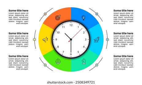 Infographic template with icons and 6 options or steps. Clock. Can be used for workflow layout, diagram, banner, webdesign. Vector illustration