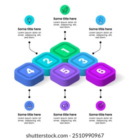 Infographic template with icons and 6 options or steps. Isometric squares. Can be used for workflow layout, diagram, banner, webdesign. Vector illustration