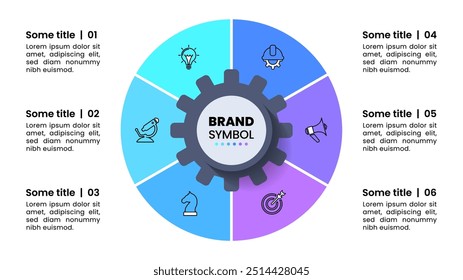 Infographic template with icons and 6 options or steps. Gear. Can be used for workflow layout, diagram, banner, webdesign. Vector illustration
