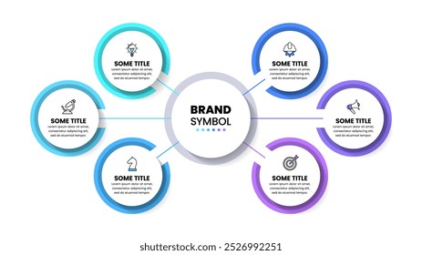 Infographic template with icons and 6 options or steps. Circle. Can be used for workflow layout, diagram, banner, webdesign. Vector illustration