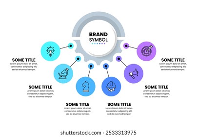 Infografik-Vorlage mit Symbolen und 6 Optionen oder Schritten. Abstrakte Ausrüstung. Kann für Workflow-Layout, Diagramm, Banner, Webdesign verwendet werden. Vektorgrafik