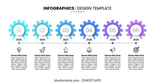 Modelo de infográfico com ícones e 6 opções ou etapas. Cronograma. Pode ser usado para layout de fluxo de trabalho, diagrama, banner, webdesign. Ilustração vetorial