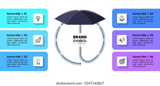 Infographic template with icons and 6 options or steps. Umbrella. Can be used for workflow layout, diagram, banner, webdesign. Vector illustration