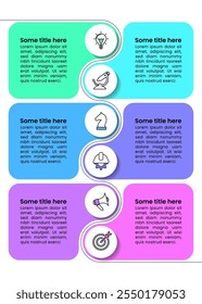 Infografik-Vorlage mit Symbolen und 6 Optionen oder Schritten. Senkrechte Linie. Kann für Workflow-Layout, Diagramm, Banner, Webdesign verwendet werden. Vektorgrafik