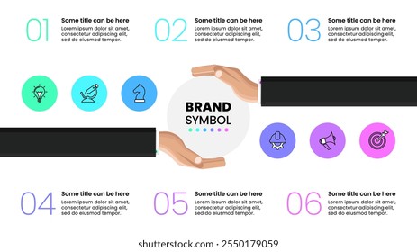 Infographic template with icons and 6 options or steps. Hands. Can be used for workflow layout, diagram, banner, webdesign. Vector illustration