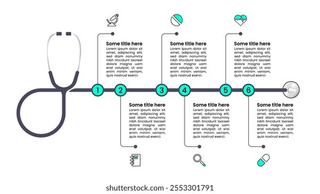 Infographic template with icons and 6 options or steps. Stethoscope. Can be used for workflow layout, diagram, banner, webdesign. Vector illustration