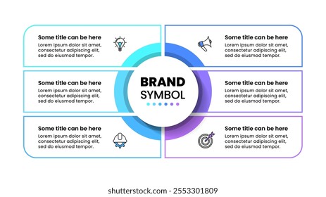 Plantilla de infografía con iconos y 6 opciones o pasos. Se puede utilizar para el diseño del flujo de trabajo, diagrama, Anuncio, diseño web. Ilustración vectorial