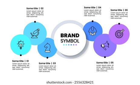 Infographic template with icons and 6 options or steps. Circles. Can be used for workflow layout, diagram, banner, webdesign. Vector illustration