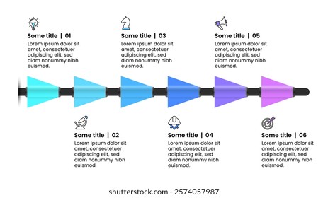 Infographic template with icons and 6 options or steps. Arrows. Can be used for workflow layout, diagram, banner, webdesign. Vector illustration