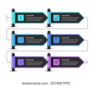 Infographic template with icons and 6 options or steps. Arrow. Can be used for workflow layout, diagram, banner, webdesign. Vector illustration